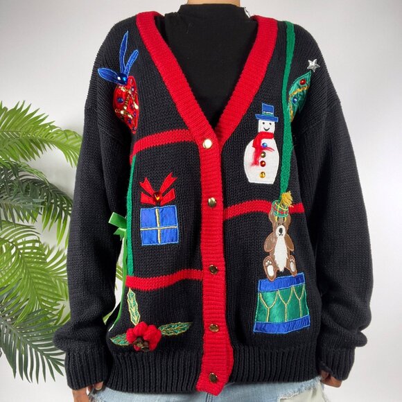 Vintage 90s Black Holiday Grandmacore Ugly Christmas Sweater Knit Cardigan / L - Picture 1 of 8